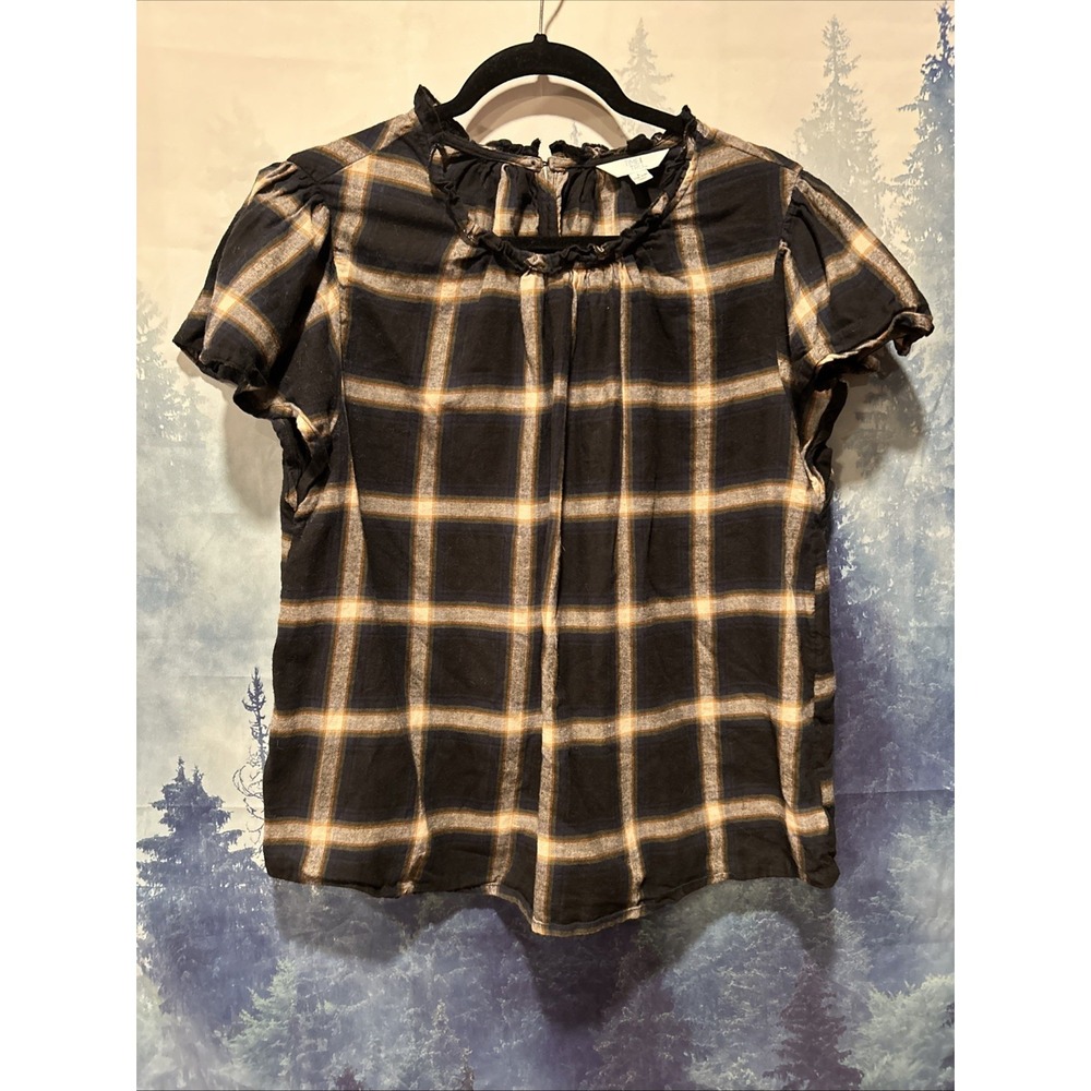 TIME‎ AND TRU Navy Plaid Flutter Sleeve Top Blouse Size Large 12-14